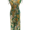 Mouwloze travelstof jurk Hibiscus groen (Y1035)