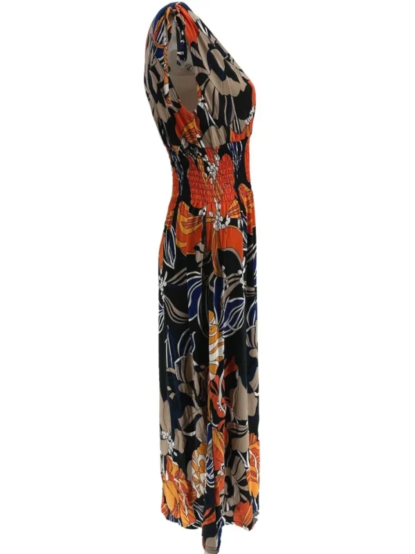 Mouwloze travelstof jurk Hibiscus zwart (Y1035)