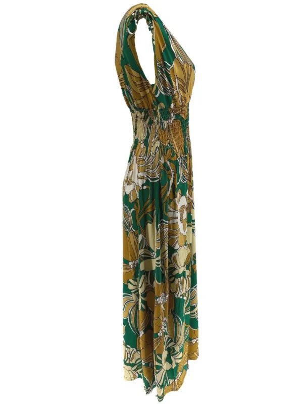 Mouwloze travelstof jurk Hibiscus groen (Y1035)