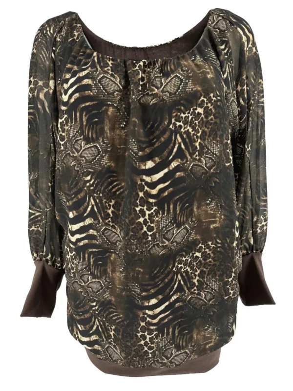 PLUS Blouse brede boord lange mouw Iris snake bruin