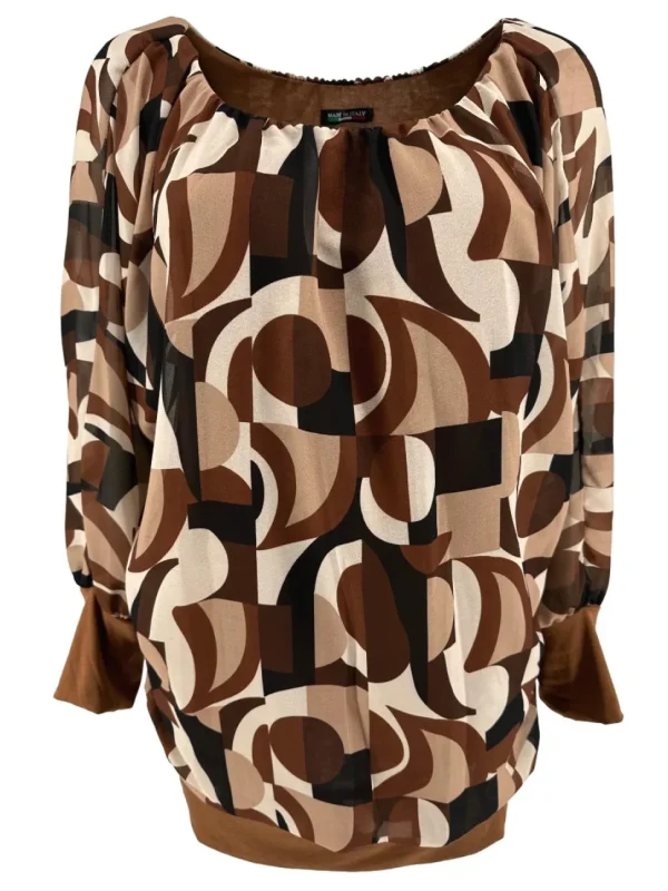 PLUS Blouse brede boord lange mouw Iris abstract cognac