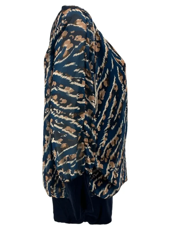 PLUS Blouse brede boord lange mouw Iris striped animal donker blauw