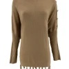 Poncho trui met franjes en RONDE knopen op de schouder camel