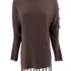Poncho trui met franjes en RONDE knopen op de schouder bruin
