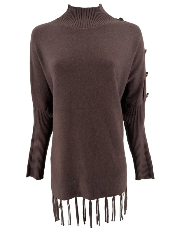 Poncho trui met franjes en RONDE knopen op de schouder bruin