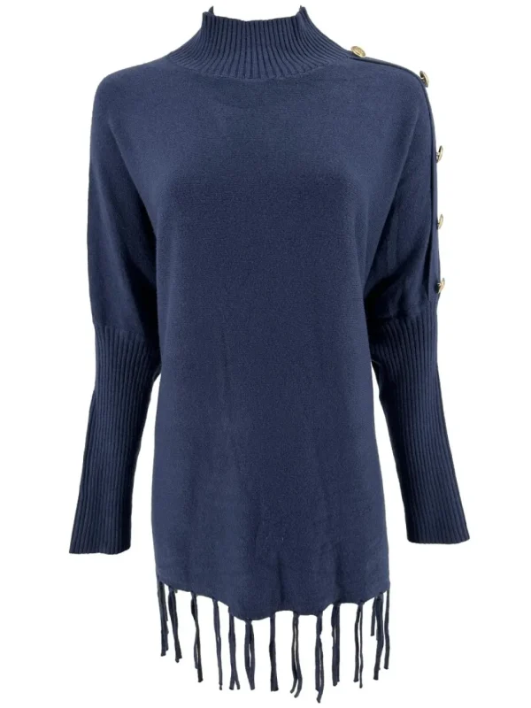 Poncho trui met franjes en RONDE knopen op de schouder donkerblauw