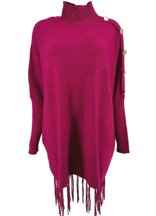 Poncho trui met franjes en gouden knopen op de schouder cerise