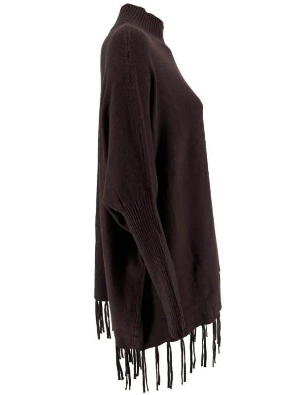 Poncho trui met franjes en RONDE knopen op de schouder bruin