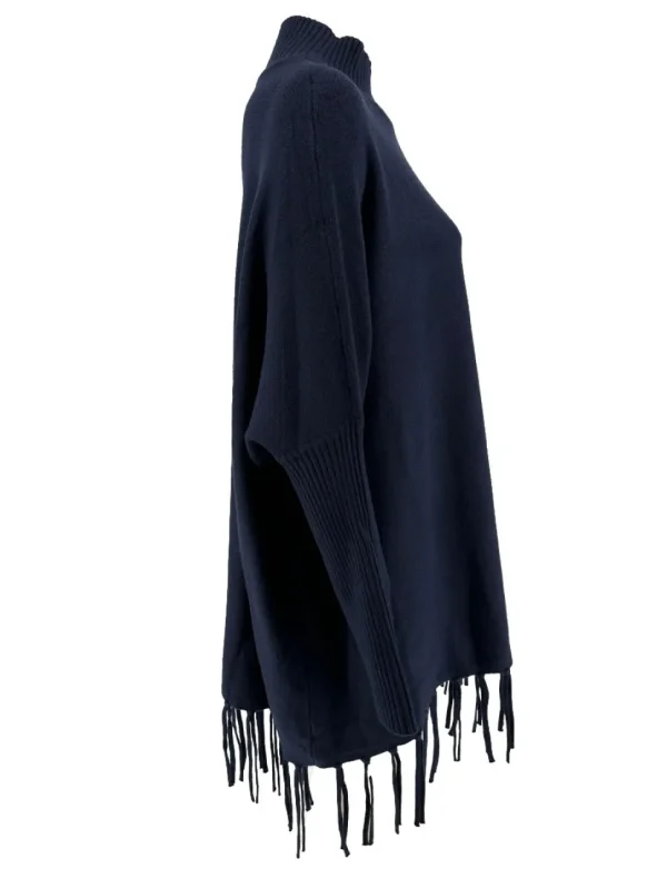 Poncho trui met franjes en RONDE knopen op de schouder donkerblauw