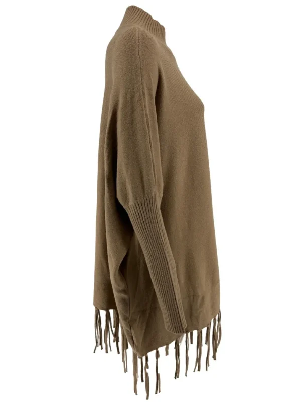 Poncho trui met franjes en RONDE knopen op de schouder camel