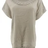 Shirt met gehaakte ronde hals en gehaakt onderzijde Linda beige