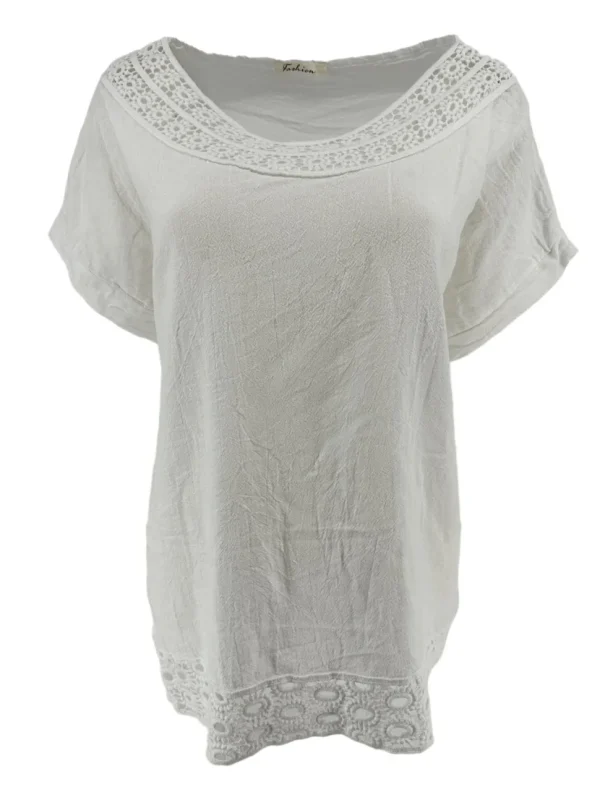 Shirt met gehaakte ronde hals en gehaakt onderzijde Linda off-white WBD