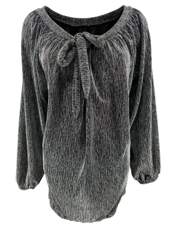 Shirt met lange mouw en strik hals van travelstof Mimi GLITTER zilver (FBK)
