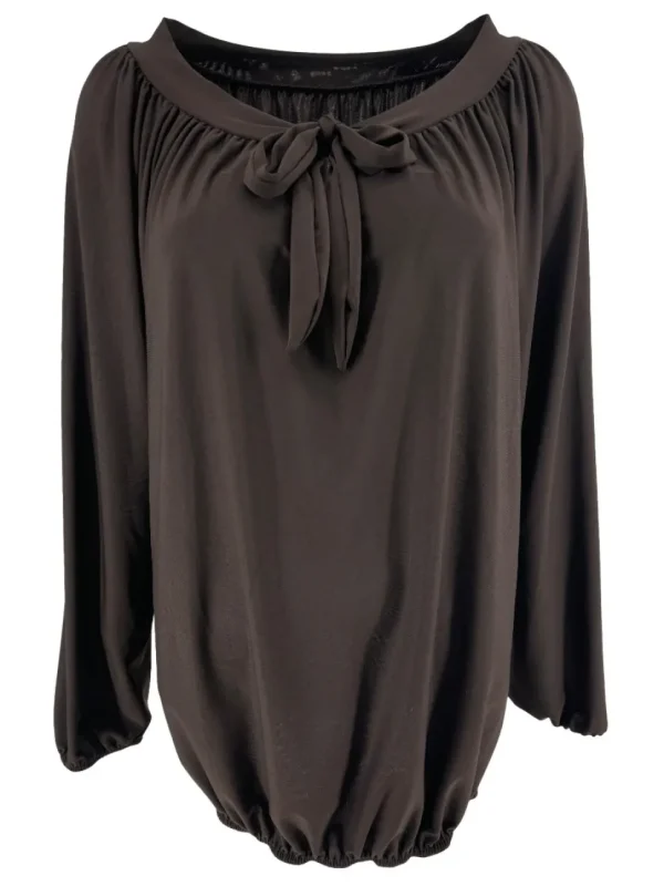 Shirt met lange mouw en strik hals van travelstof Mimi bruin