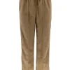 Suedine broek met panterprint bies en naad camel (SALE)