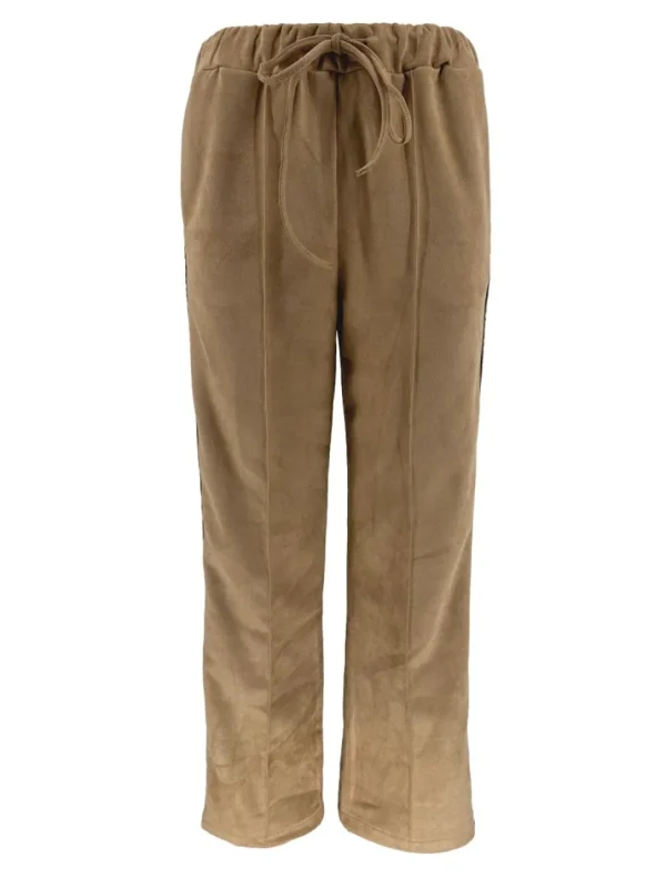 Suedine broek met panterprint bies en naad camel (SALE)