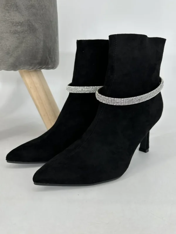 Suedine enkellaarsjes met hak en strass black (0-588)