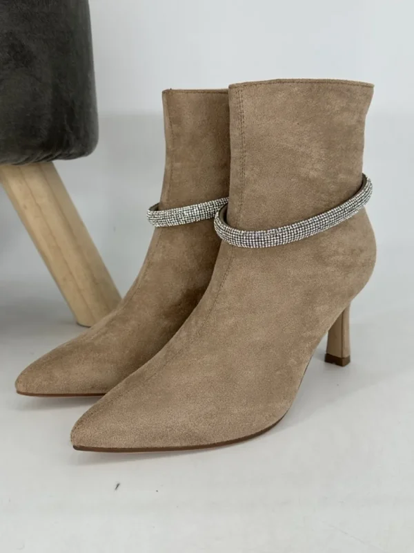 Suedine enkellaarsjes met hak en strass khaki (0-588)