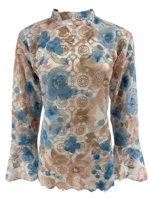 Top van kant met trompet mouw en BLOEMEN licht blauw