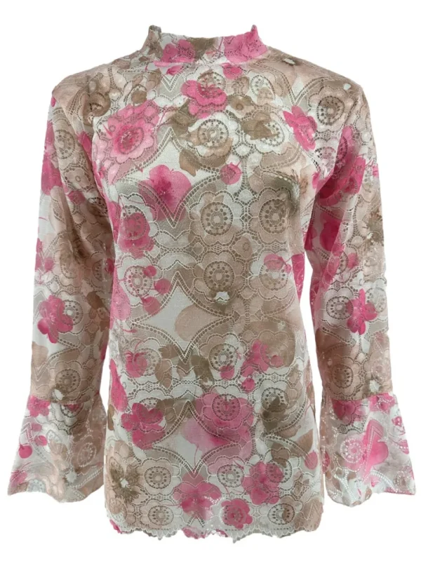 Top van kant met trompet mouw en BLOEMEN roze