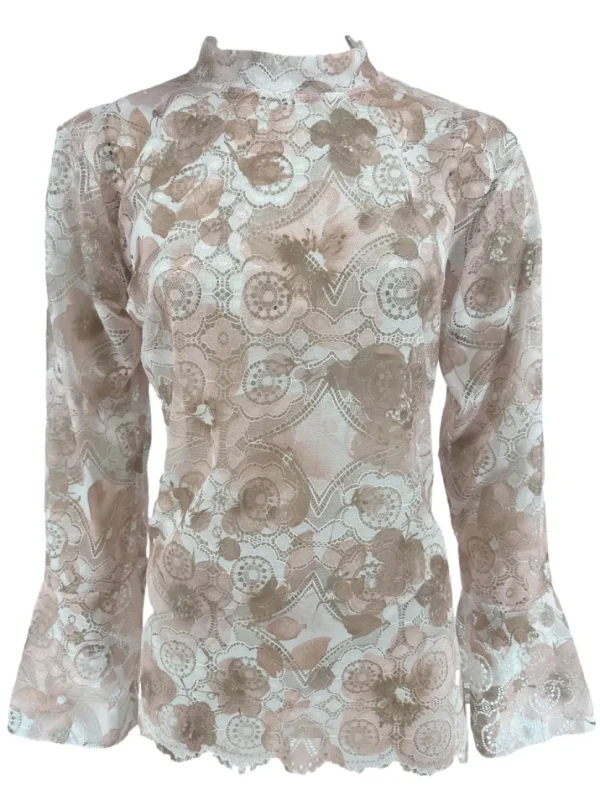 Top van kant met trompet mouw en BLOEMEN beige