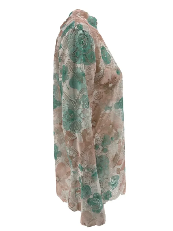 Top van kant met trompet mouw en BLOEMEN mint