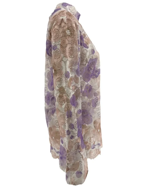Top van kant met trompet mouw en BLOEMEN lila