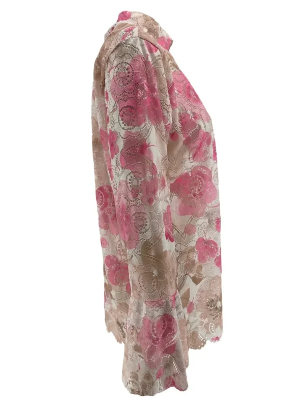 Top van kant met trompet mouw en BLOEMEN roze
