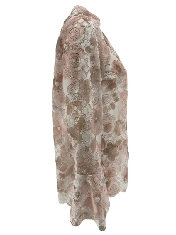 Top van kant met trompet mouw en BLOEMEN beige