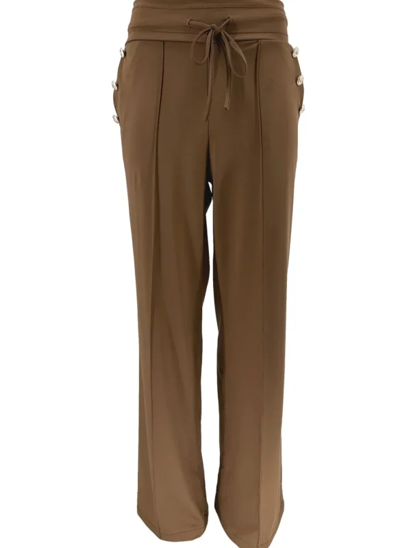 Travelstof broek met KNOPEN op de zak en naad Bibi bruin.(BFT) SALE