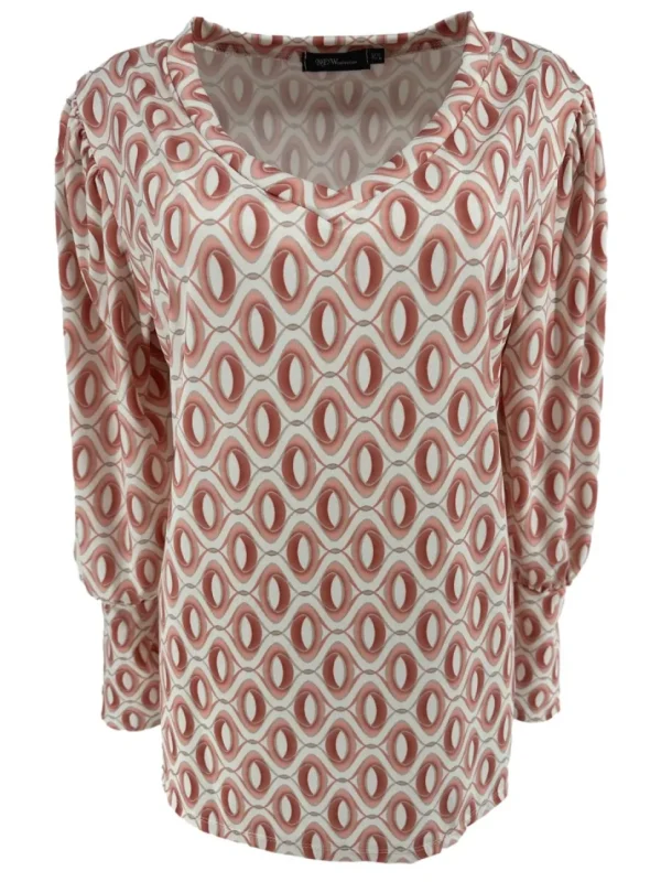 Travelstof shirt met v-hals en lange mouw Ovals zalm/ apricot