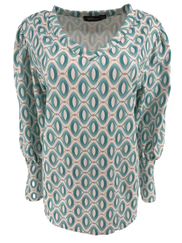 Travelstof shirt met v-hals en lange mouw Ovals turquoise