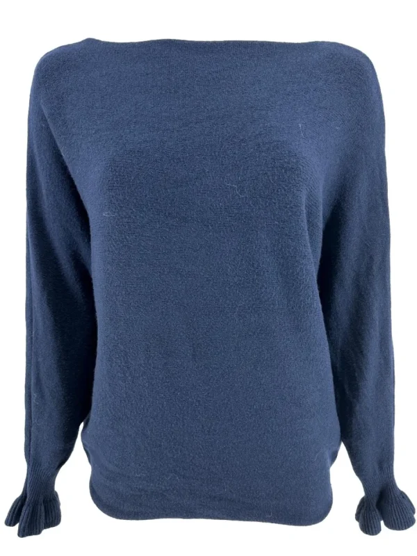 Trui met boothals en vleermuis mouw met volant Hailey donker blauw