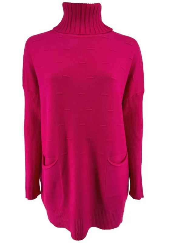Trui met col en zakjes streep motief fuchsia (JD221373)