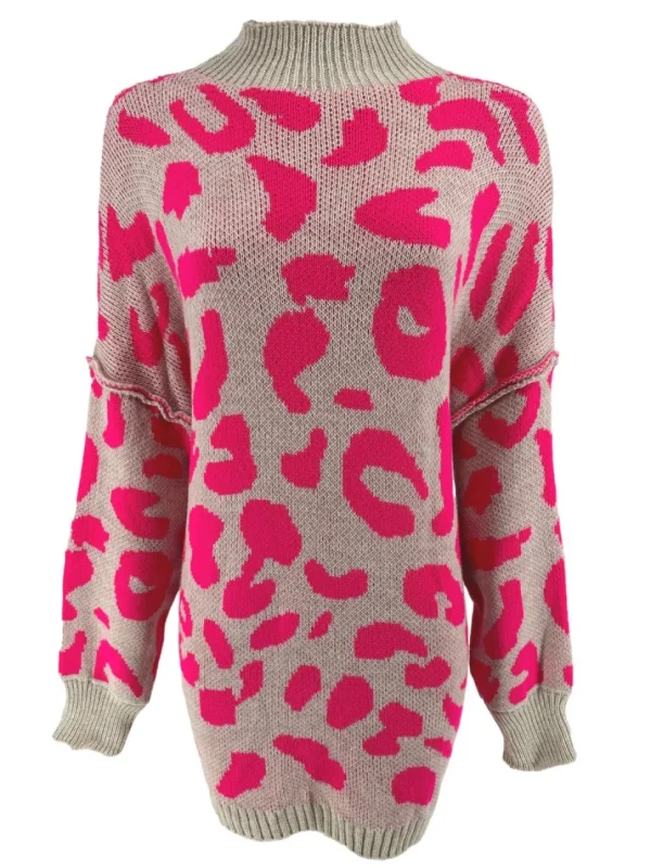 Tuniek met opstaande kraag en naad op de mouw panterprint fuchsia