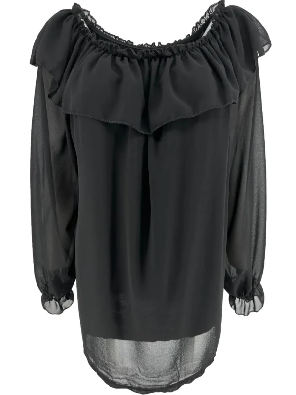 Voile blouse met lange mouw en ruffle langs de hals zwart
