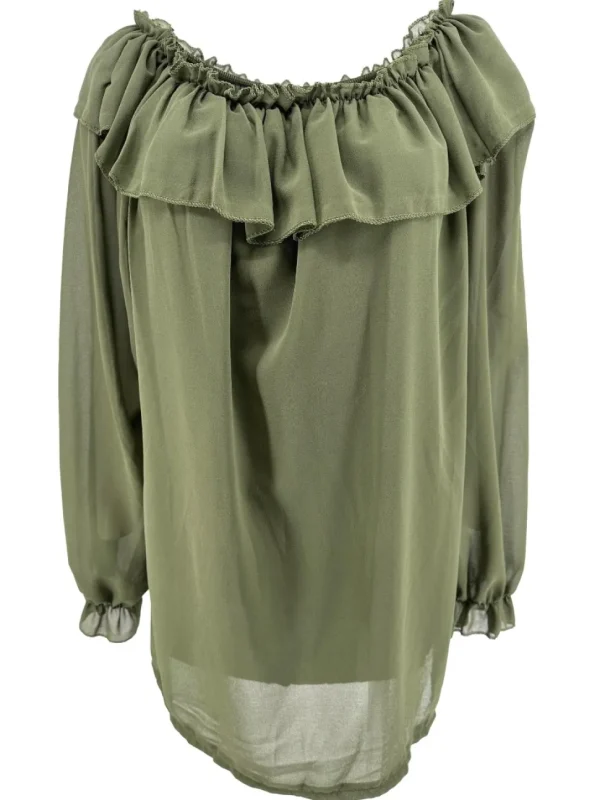 Voile blouse met lange mouw en ruffle langs de hals army SALE