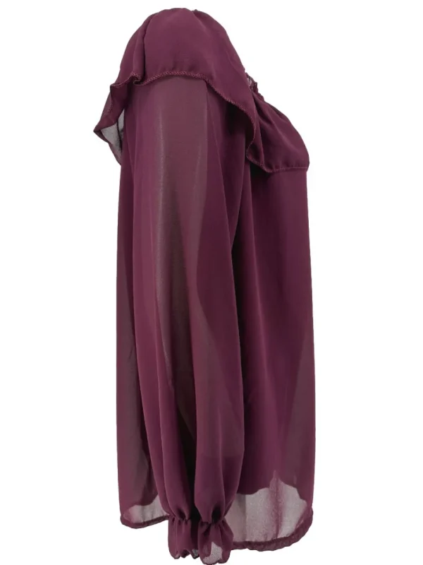 Voile blouse met lange mouw en ruffle langs de hals plum