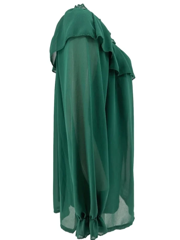Voile blouse met lange mouw en ruffle langs de hals flessengroen SALE