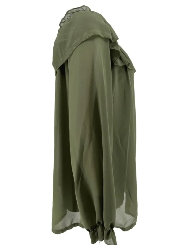 Voile blouse met lange mouw en ruffle langs de hals army SALE