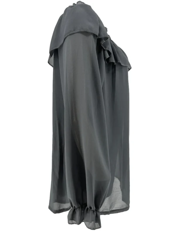 Voile blouse met lange mouw en ruffle langs de hals antraciet